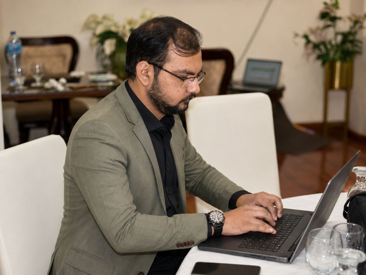 Shaharyar Shoukat working on research at his laptop