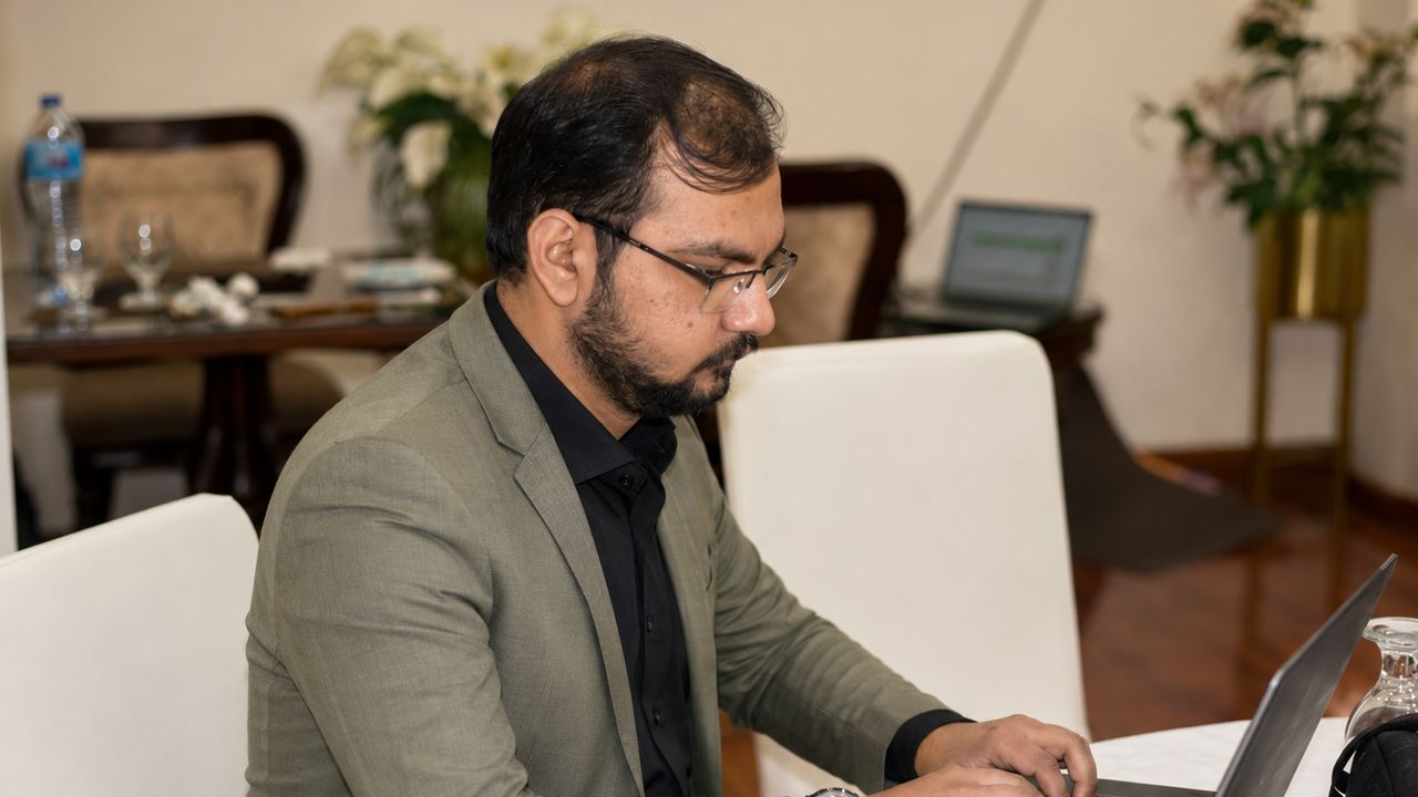 Shaharyar Shoukat working on research at his laptop